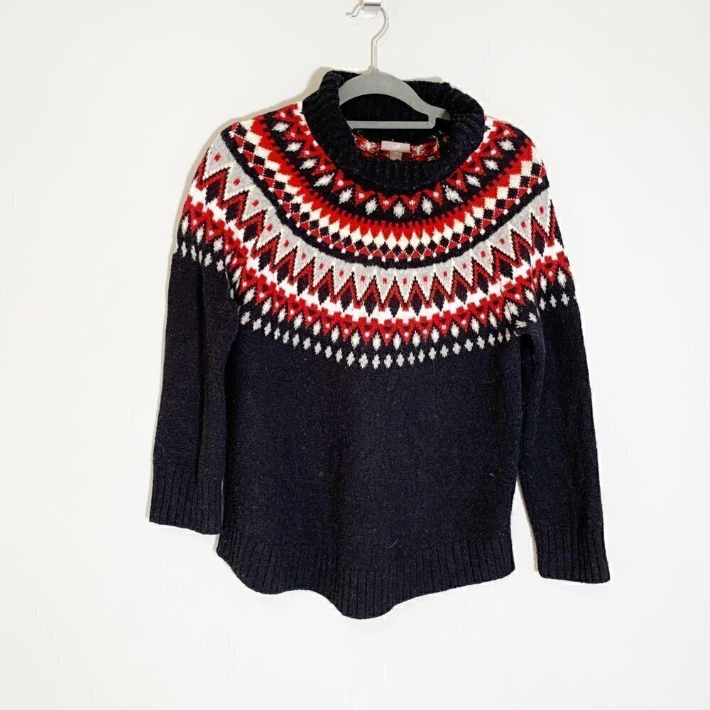 5/$25 J. Jill Fair Isle Sweater‎ Small Petite Black Red Mock Neck Knit Pullover